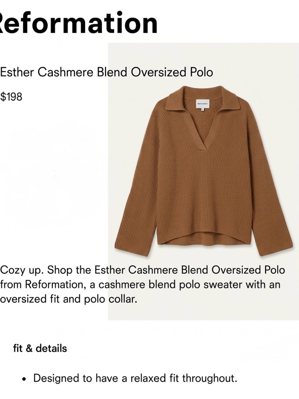 Reformation V‑Neck Cashmere‑Blend Polo Sweater — Brown